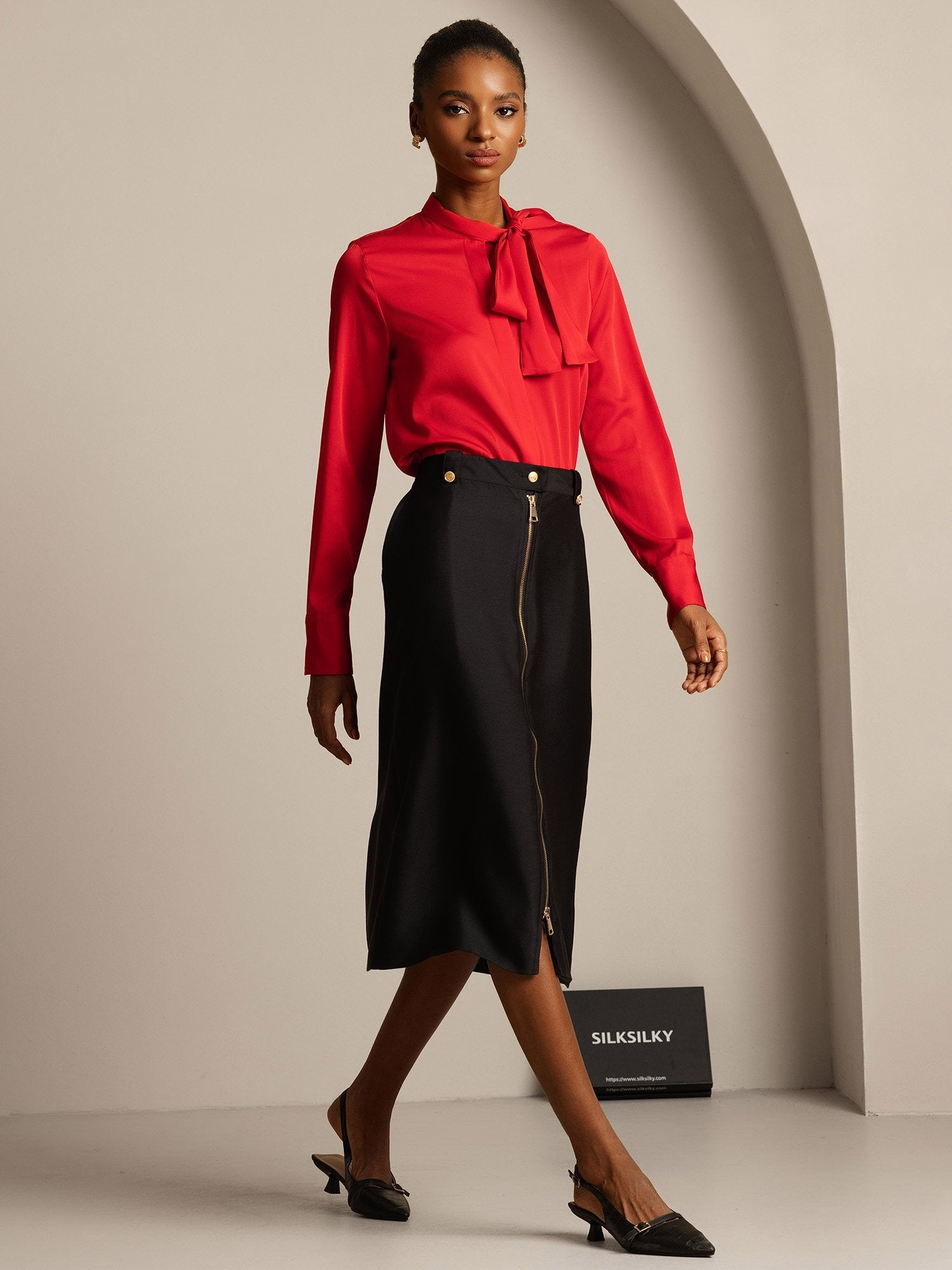 [Black] SilkSilky  32Momme Silk Split Skirt 003,