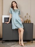 SilkSilky US Pure Silk Short Sleeve Round Neck Nightgown LightBlue 005