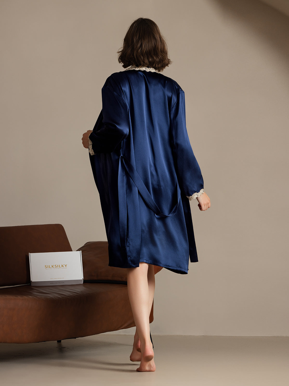 SilkSilky  Pure Silk Long Sleeve V Neck Nightgown&Robe Set DarkBlue 002