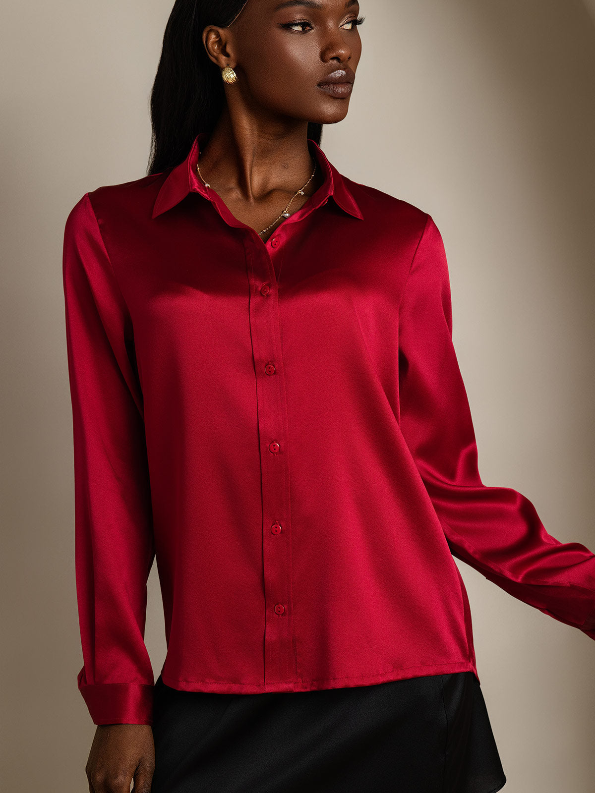 SilkSilky  19Momme Silk Long Sleeve Collar Women's Shirt Wine 004