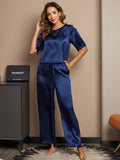 SilkSilky US Pure Silk Half Sleeve Round Neck Women's Pajamas DarkBlue 004