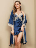 SilkSilky US Pure Silk 3/4 Sleeve Nightgown&Robe Set Blue 005