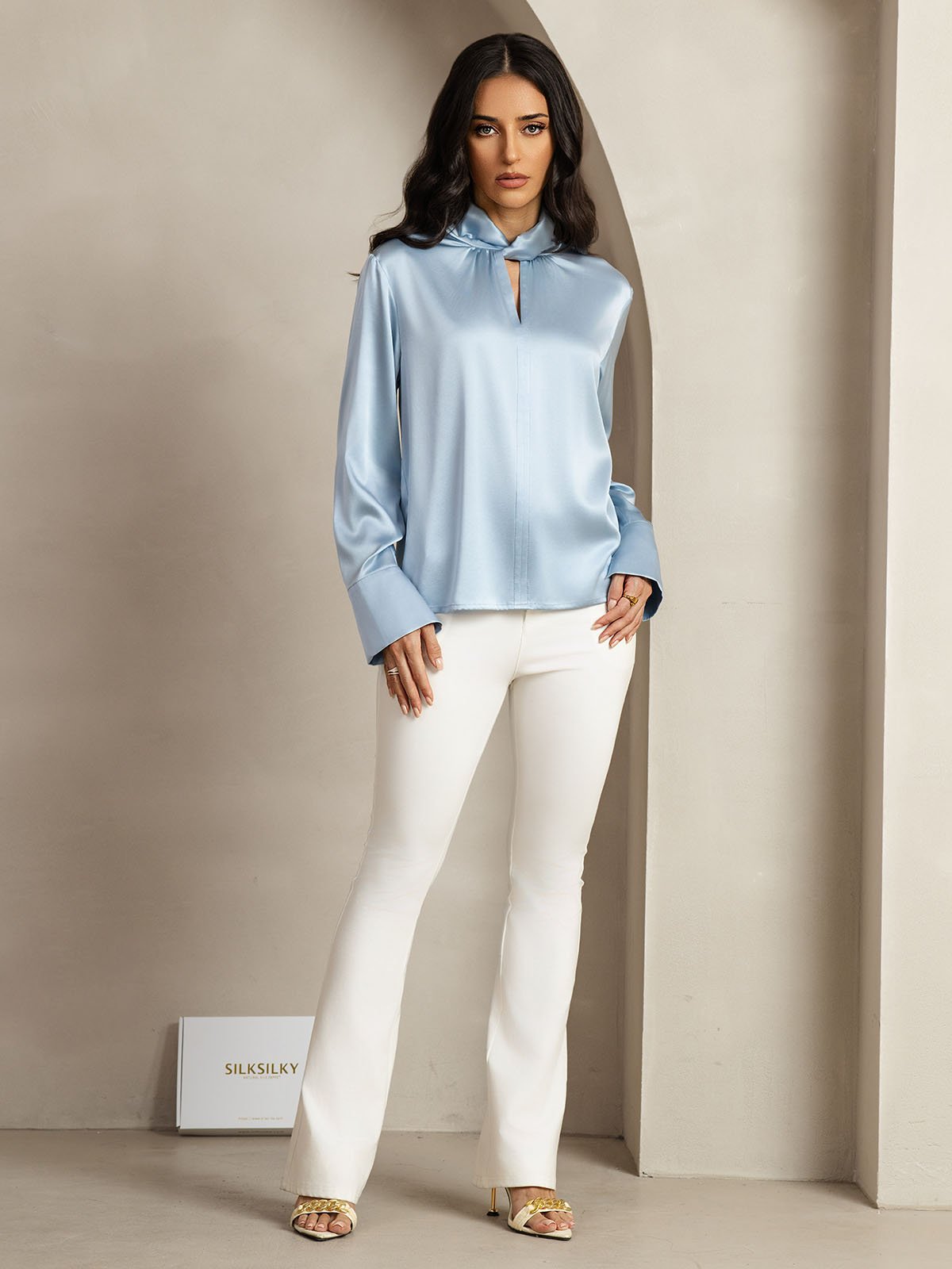 [GrayishBlue] SilkSilky 19Momme Silk Keyhole Neck Women's Shirt 011