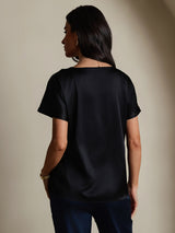 [Black] SilkSilky  19Momme Stretch Silk Charmeuse Short Sleeve Boat Neck Women's T-Shirt 002