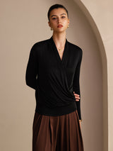[Black] SilkSilky  Long Sleeve Wrap Women's Blouse 003