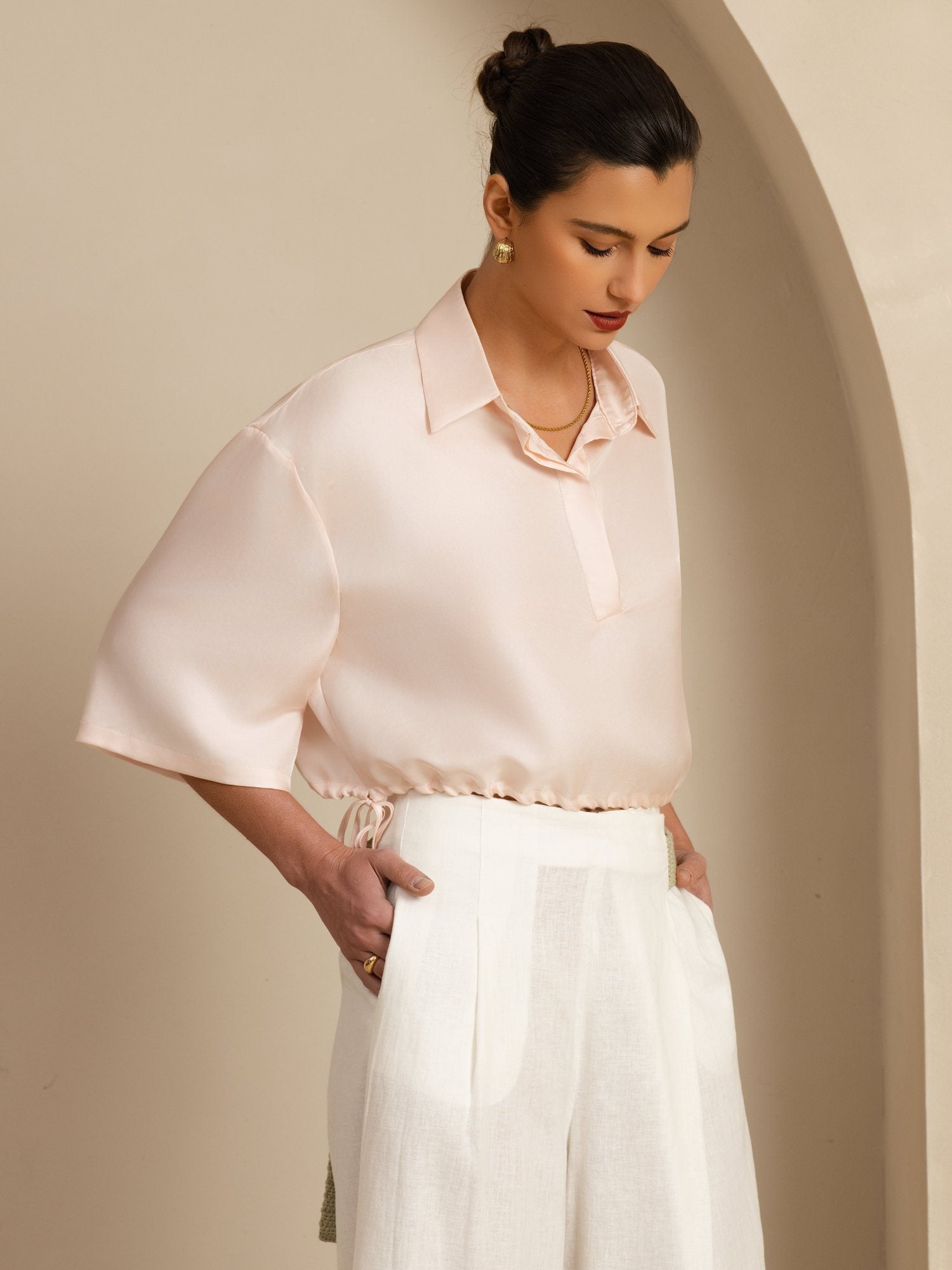 [Pink] SilkSilky  18Momme Silk Satin Surah Half Sleeve Lapel Collar Blouse 005