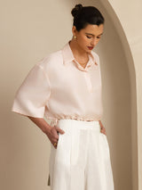 [Pink] SilkSilky  18Momme Silk Satin Surah Half Sleeve Lapel Collar Blouse 005