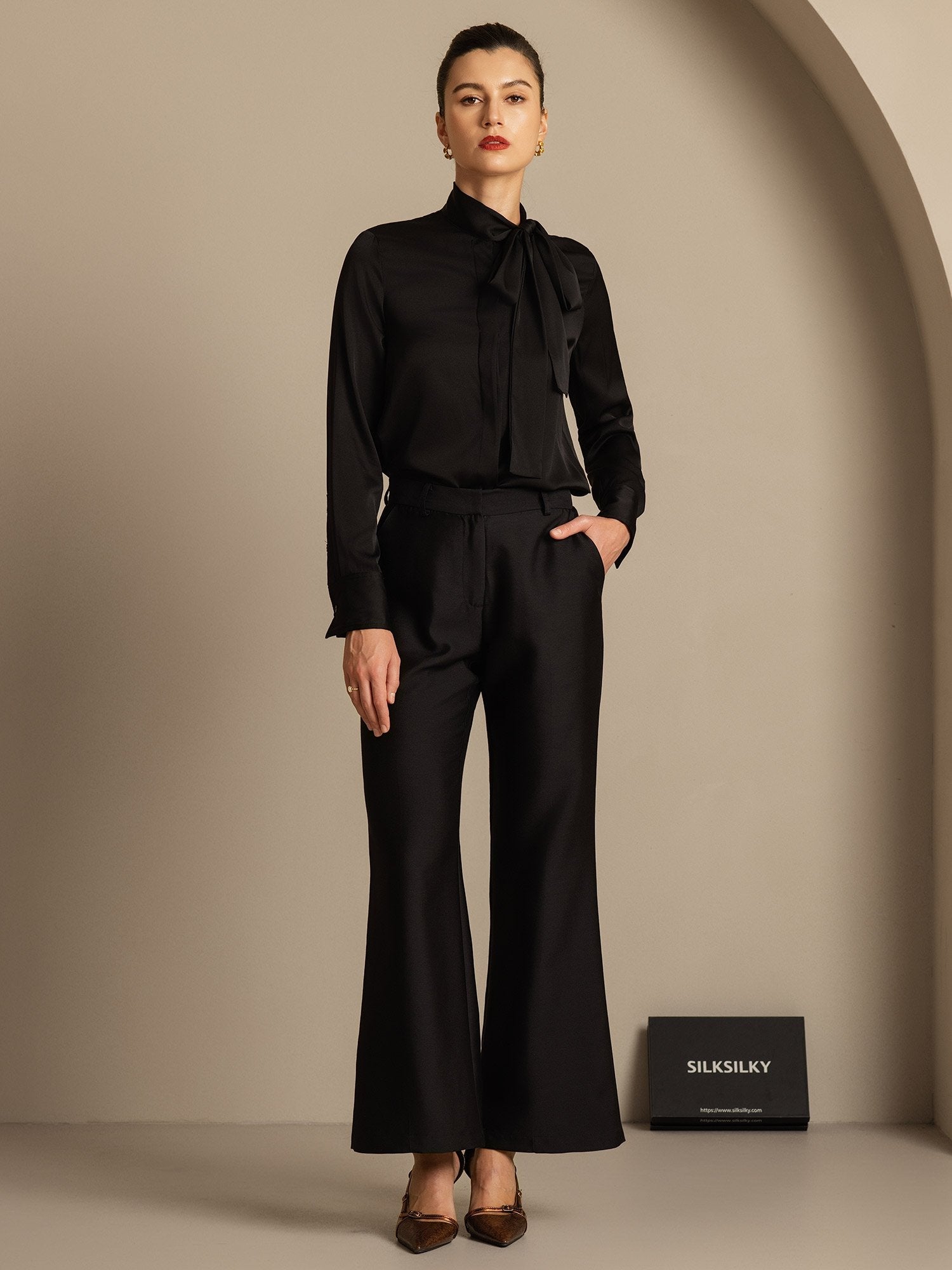 [Black] SilkSilky  32Momme Silk Womens Pants 007,