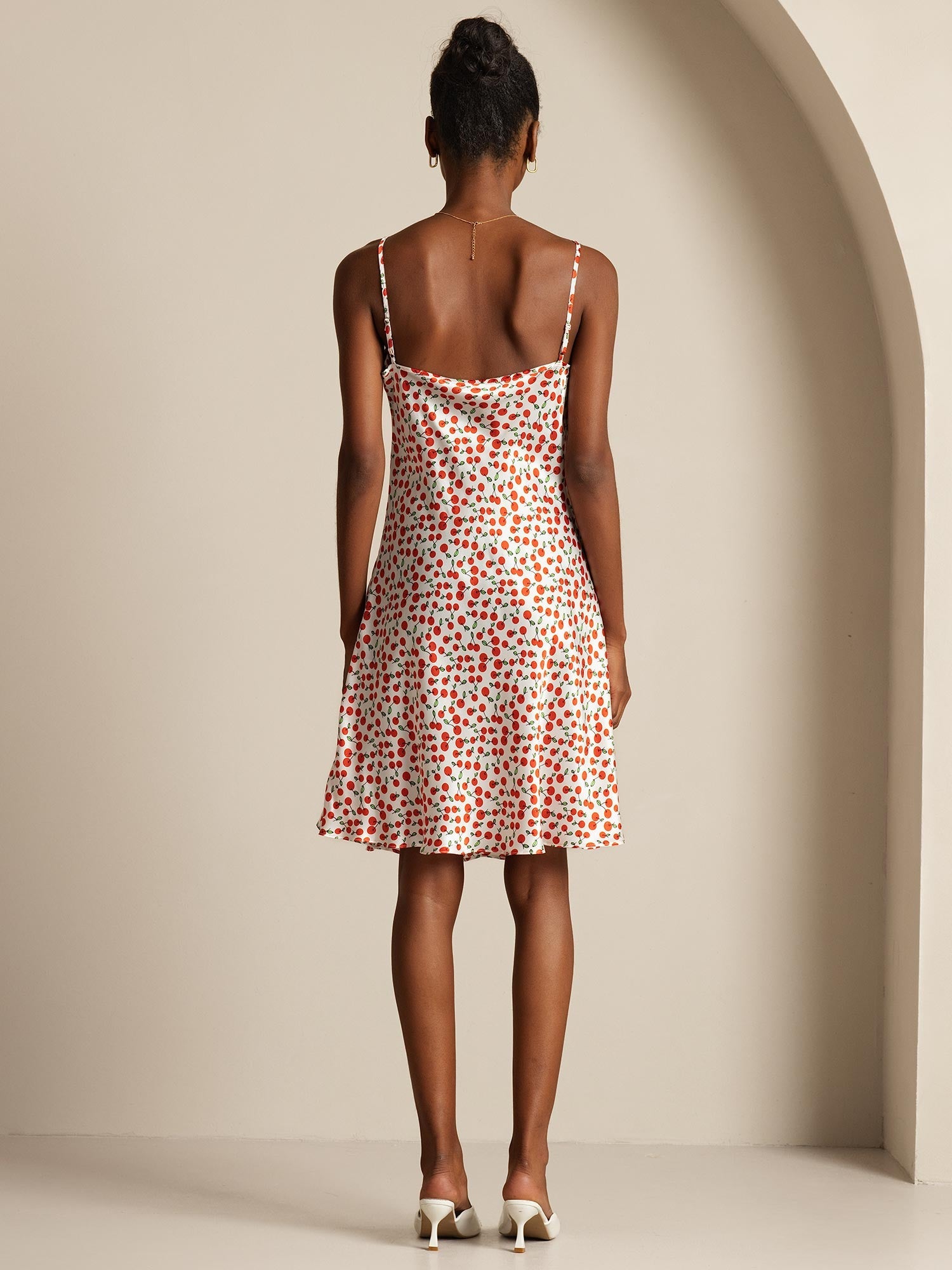 19Momme Silk Spaghetti Strap Cherry Print Short Dress