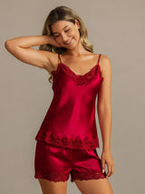 [Wine] SilkSilky Spaghetti Strap V Neck Camisole Set 001