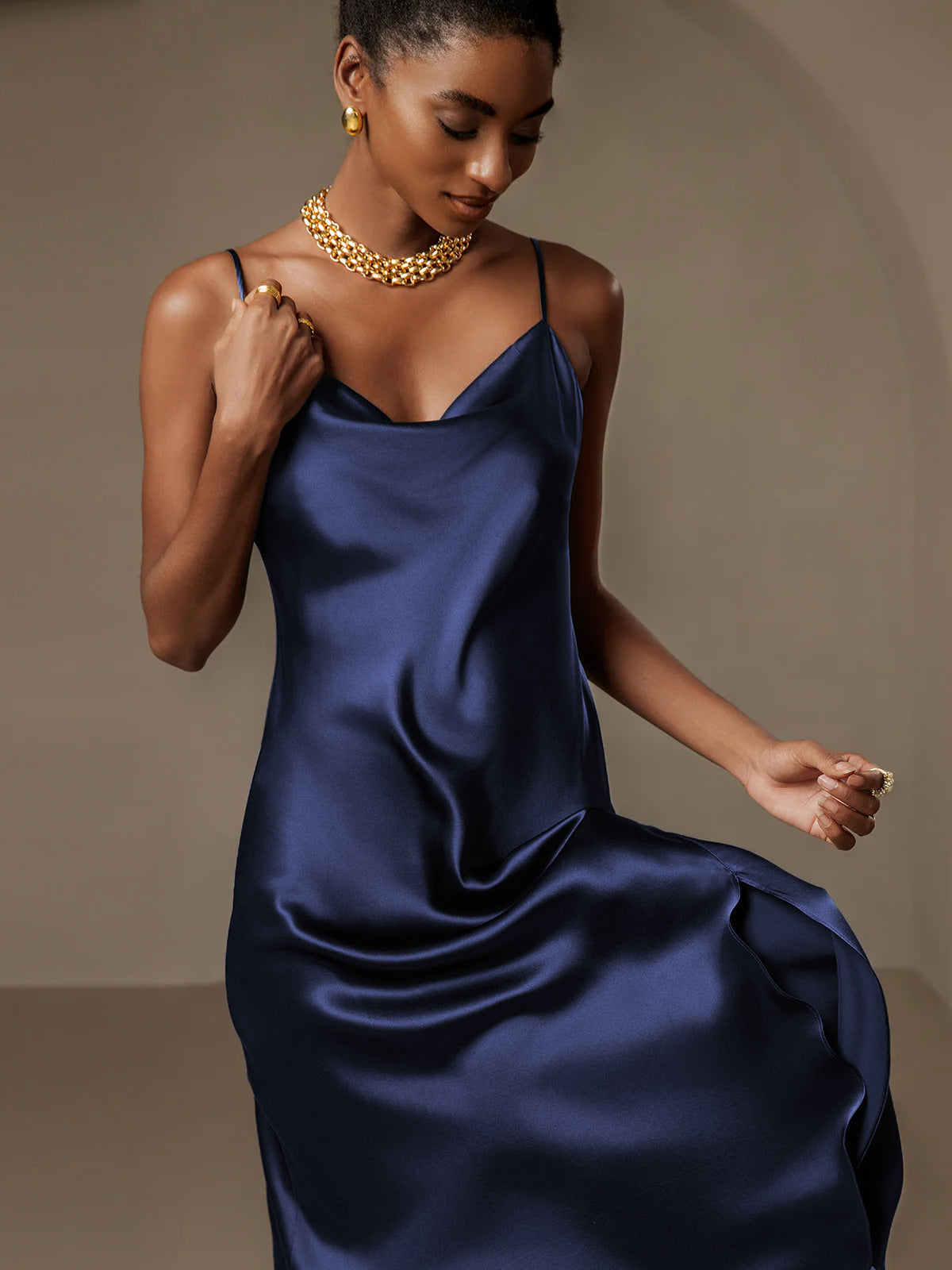 [Dark Blue] SilkSilky  19Momme Pure Silk Cowl Neck Dress 006