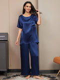 SilkSilky US Pure Silk Short Sleeve Womens Pajamas DarkBlue 001