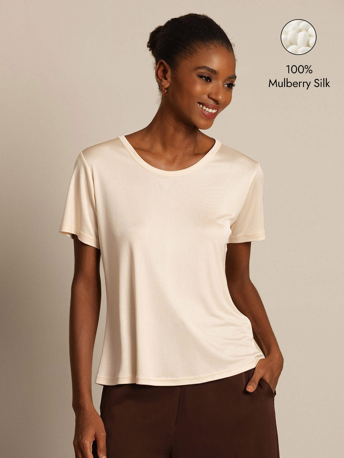 [Beige] SilkSilky  Silk Knitted Short Sleeve Round Neck Women's T-Shirt 001