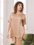 SilkSilky  Pure Silk Short Sleeve Round Neck Women's Pajamas Champagne 004