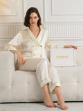 SilkSilky Pure Silk Long Sleeve V Neck Women's Pajamas Beige 006