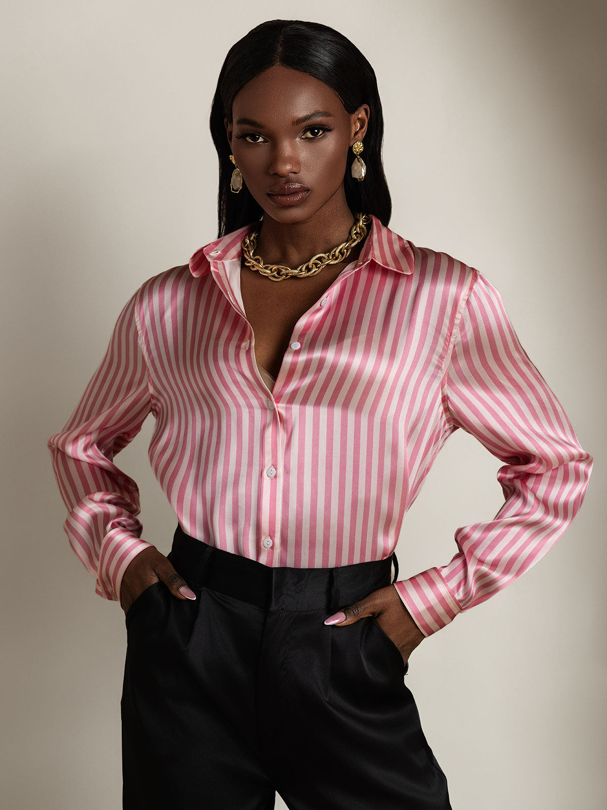 [Pink Stripe] SilkSilky  Long Sleeve Lapel Collar Women's Shirt 005
