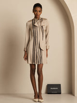 [Tan] SilkSilky 19Momme Silk Long Sleeve Tie Neck Dress 001