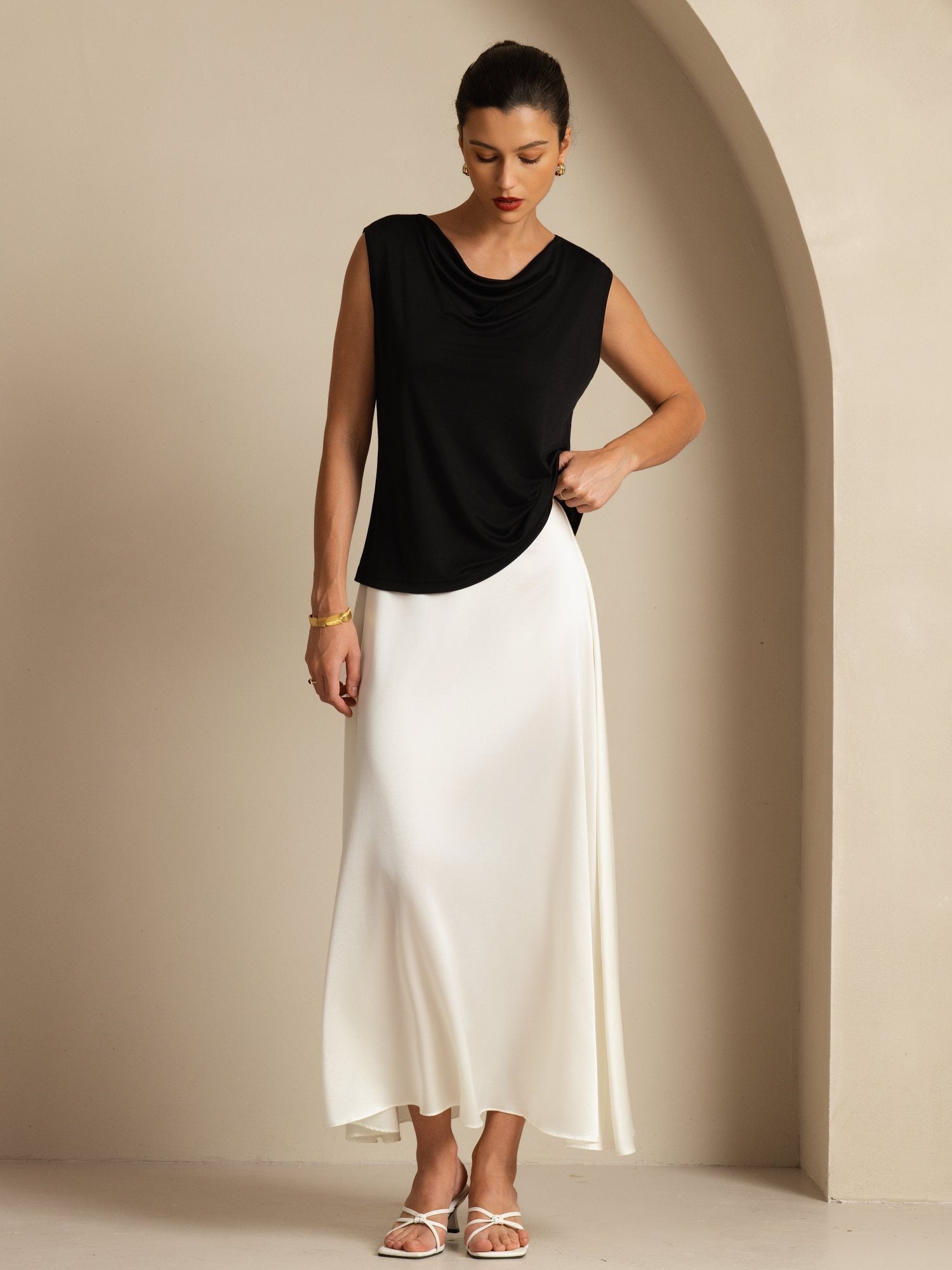 [Black] SilkSilky Silk Sleeveless Cowl Neck Women's T-Shirt 008