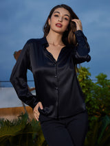 [Black] SilkSilky  Long Sleeve Lapel Collar Women's Shirt 005
