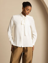[White] SilkSilky  Long Sleeve Tie Neck Blouse 004