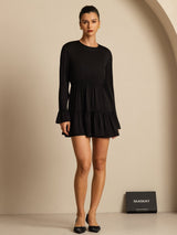 [Black] SilkSilky  19Momme Silk Long Sleeve Round Neck Dress 003