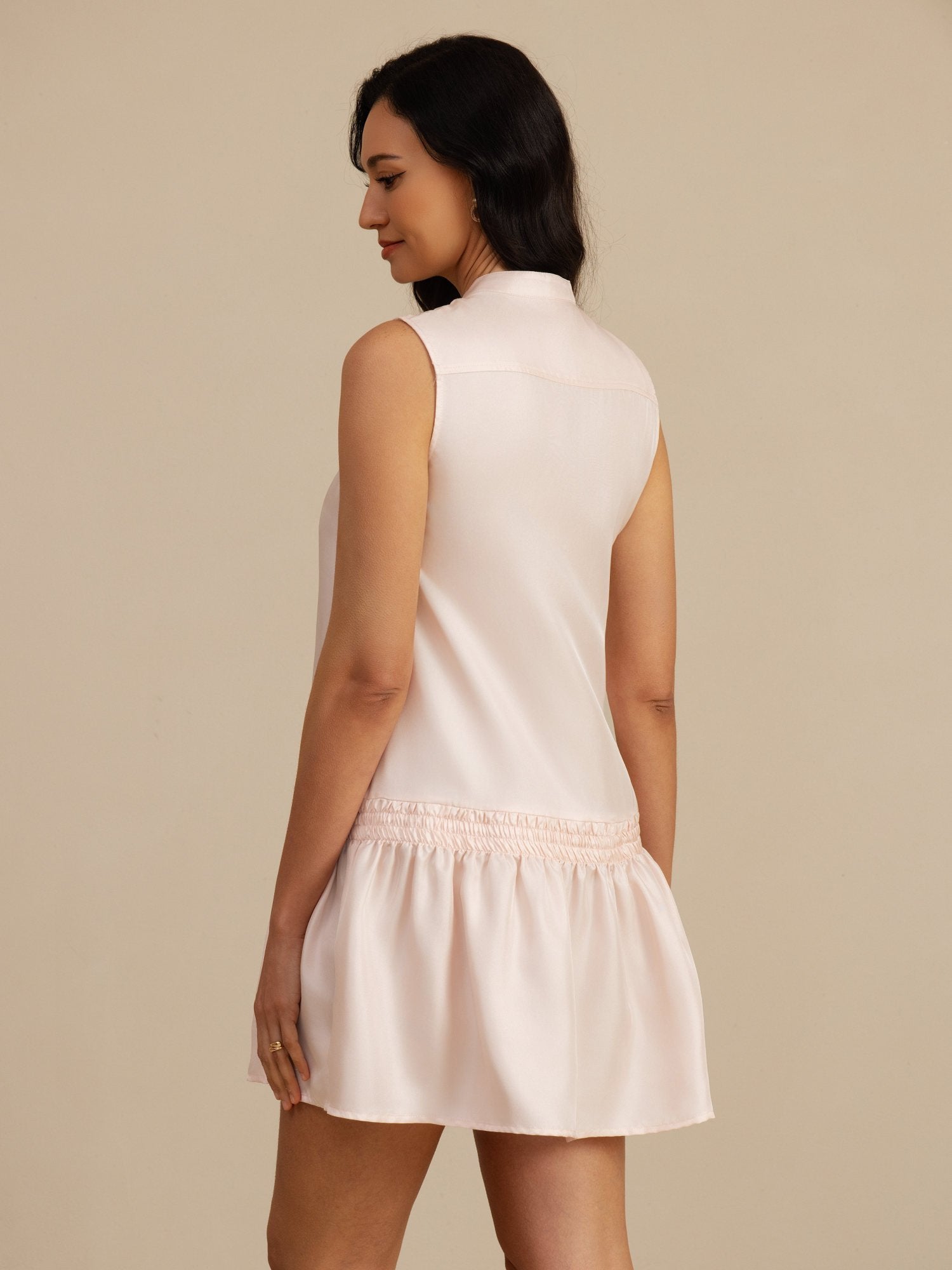 [Pink] SilkSilky 18Momme Silk Satin Surah Sleeveless Stand Collar Dress 002
