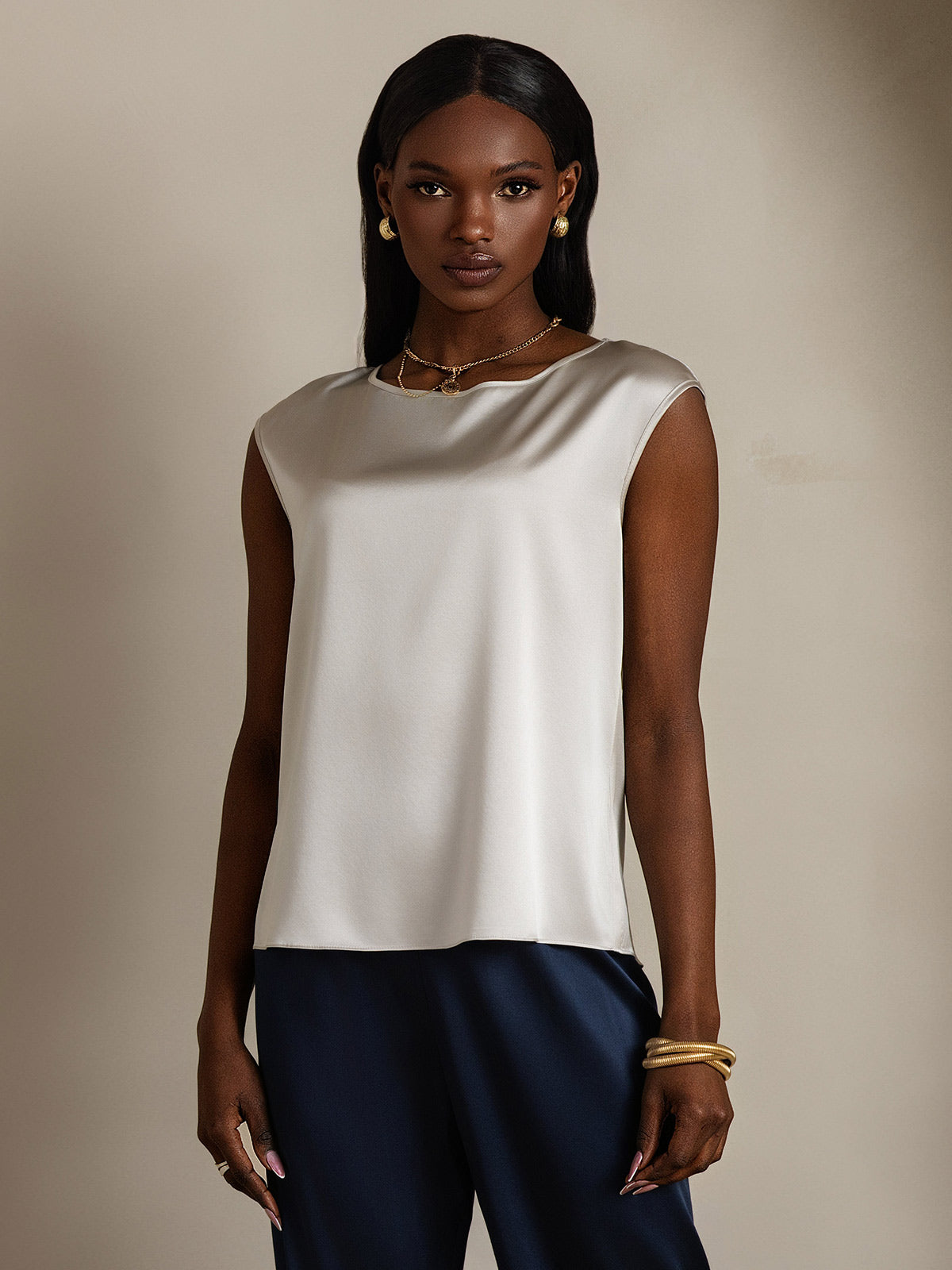 [Light Gray] SilkSilky  19Momme Silk Round Neck Women's T-Shirt 001