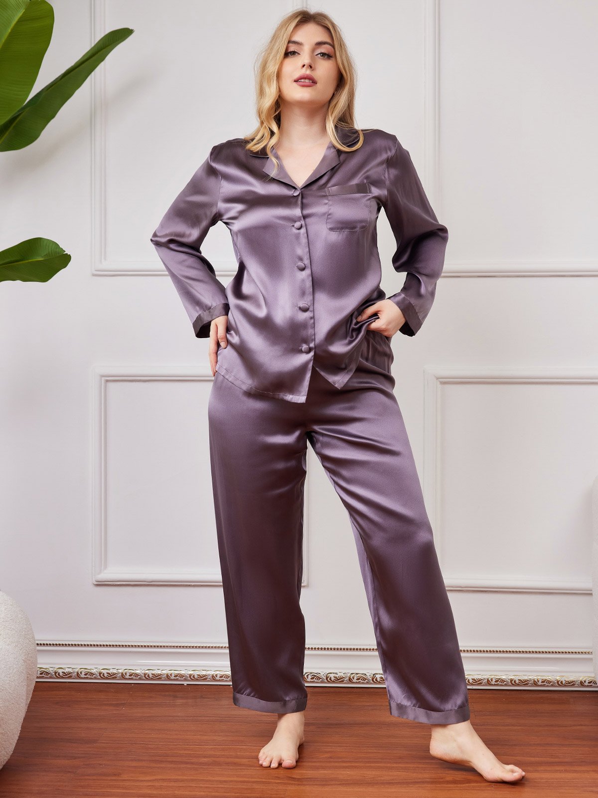 SilkSilky US Pure Silk Long Sleeve Lapel Plus Size Pajamas PurpleGray 005