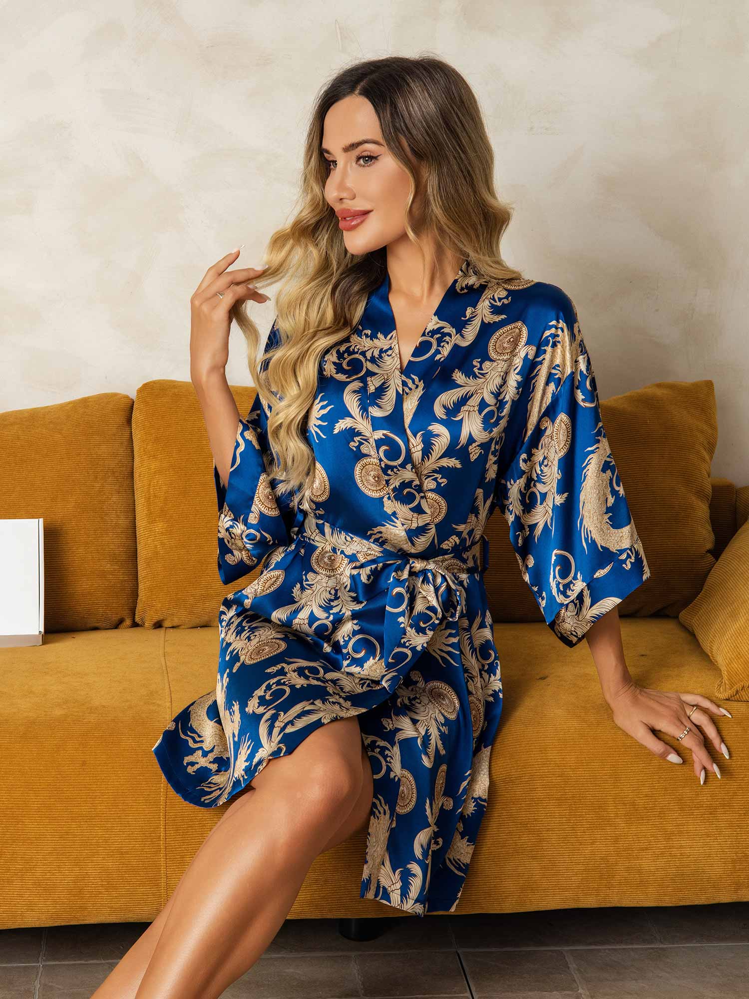 [Blue] SilkSilky  Pure Silk V Neck Women's Robe 004