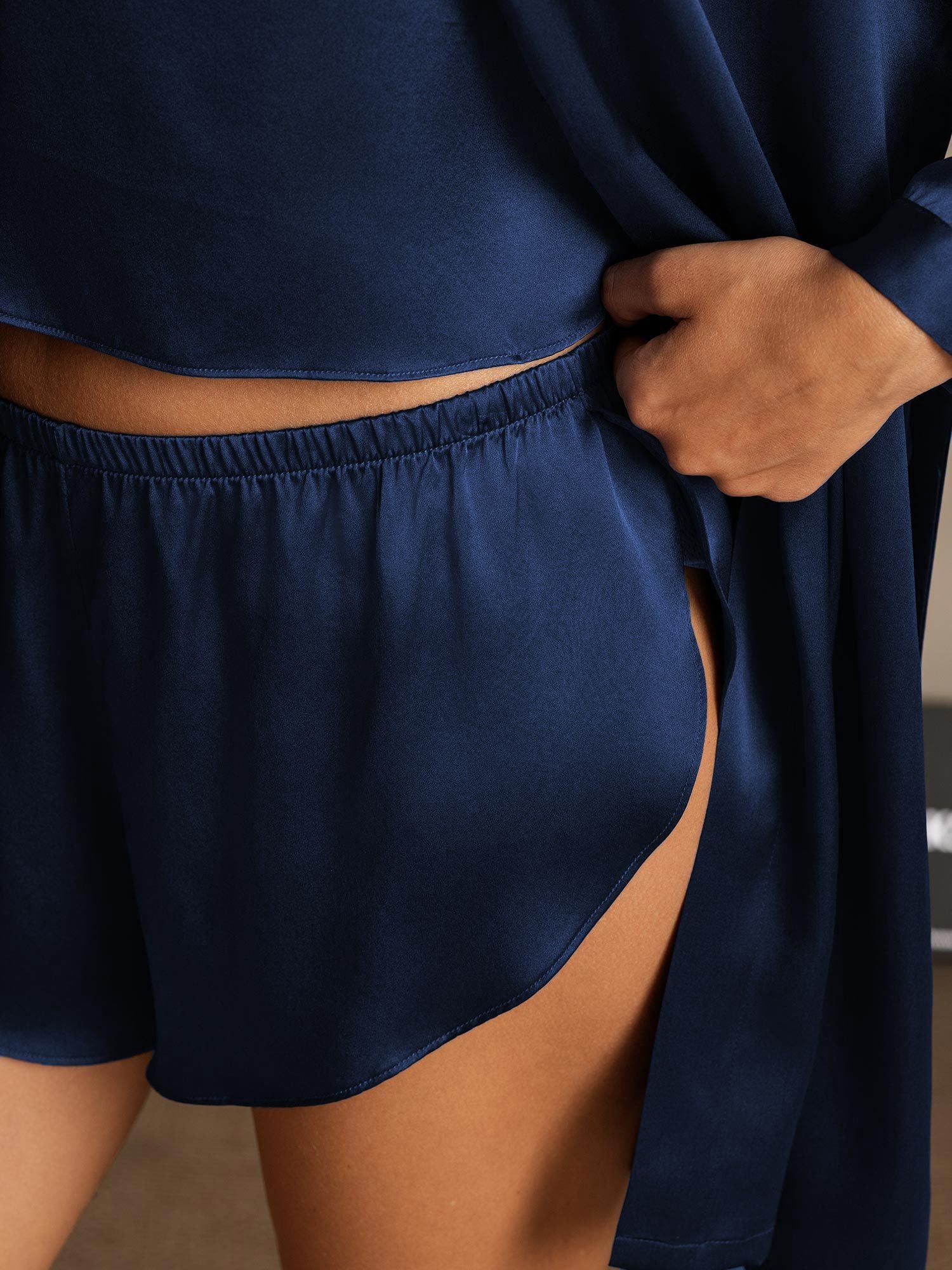 [Dark Blue] SilkSilky  Pure Silk Split Nightgown&Robe Set 005,