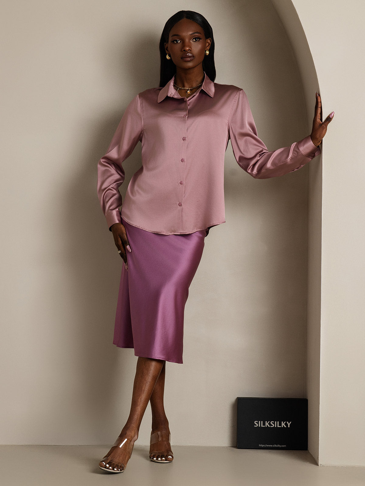 [Pale Mauve] SilkSilky  Silk Long Sleeve Lapel Collar Women's Shirt 007