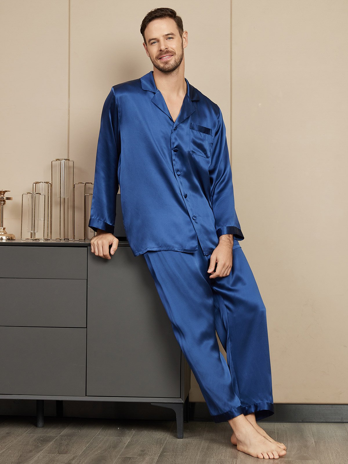 SilkSilky US Pure Silk Long Sleeve Mens Pajamas DarkBlue 004