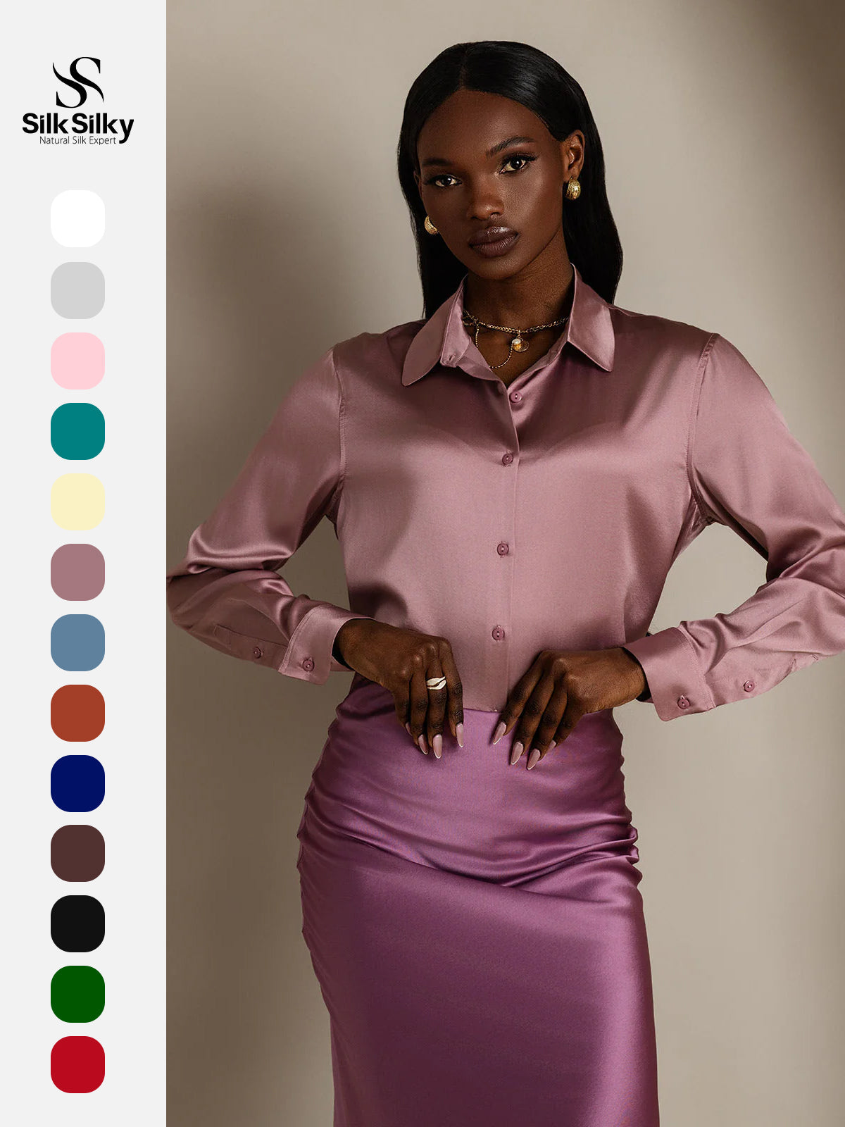 [Pale Mauve] SilkSilky  Silk Long Sleeve Lapel Collar Women's Shirt 001