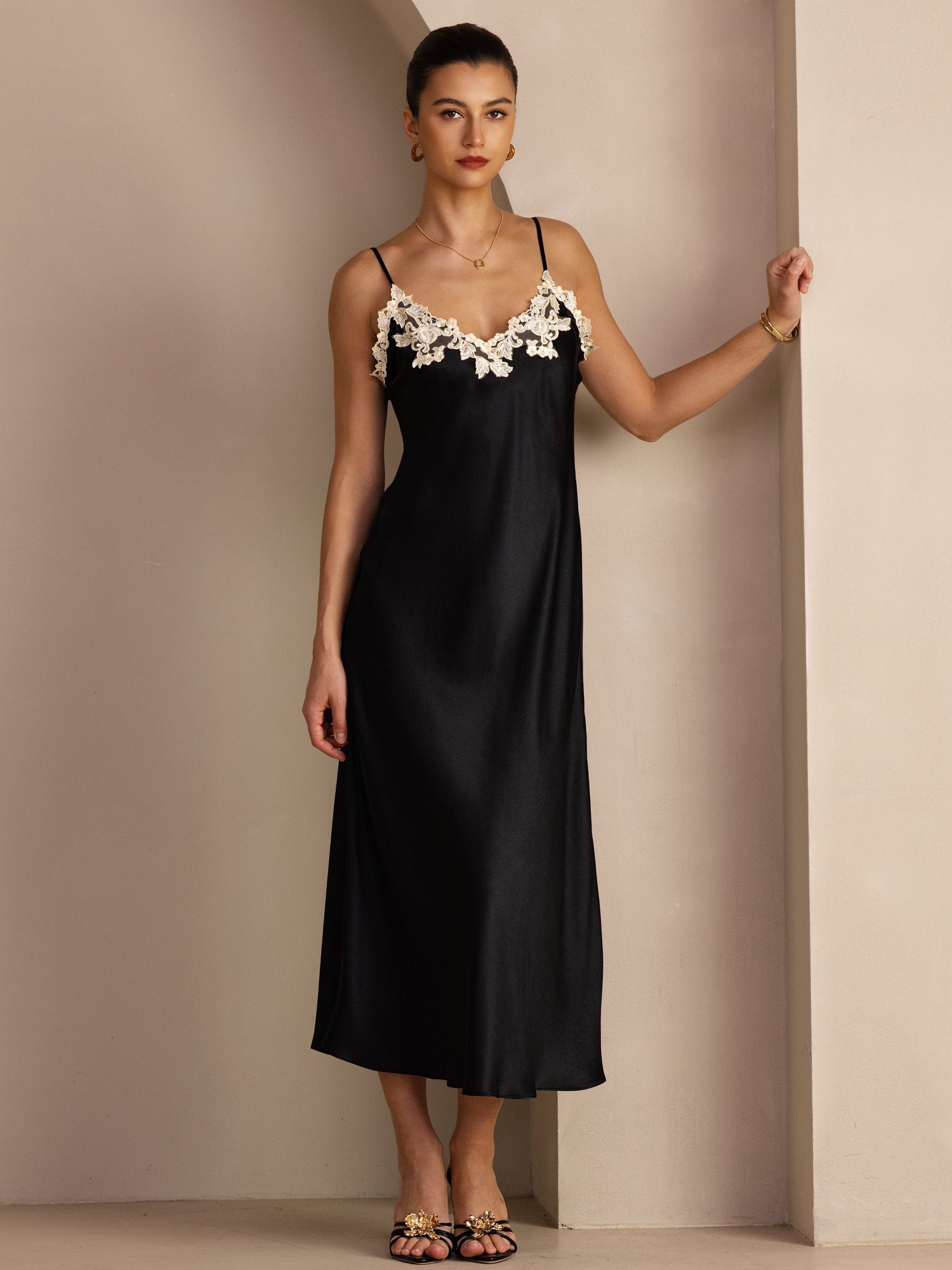 SilkSilky 100% Mulberry Silk Spaghetti Strap V Neck Midi Dress with Lace V-Back Design, Black / XL
