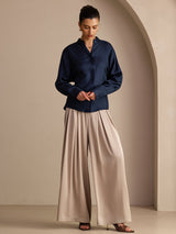 [Dark Blue] SilkSilky Long Sleeve Split Women's Blouse 006
