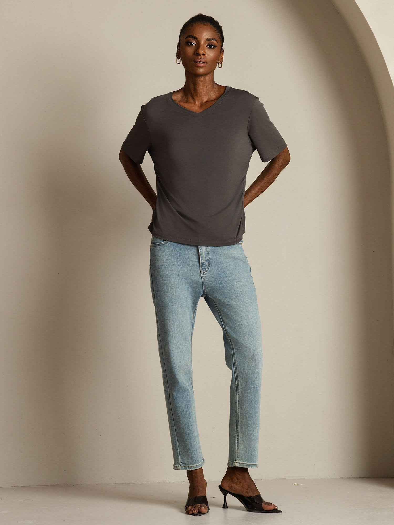 [Gray] SilkSilky Pure Silk V Neck Women's T-Shirt 009