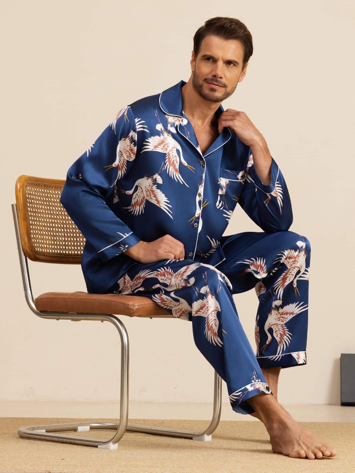 [Dark Blue] SilkSilky  19Momme Long Sleeve Notch Collar Men's Pajamas 001