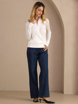 [White] SilkSilky  Long Sleeve Wrap Women's Blouse 007