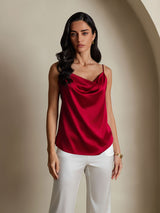 [Wine] SilkSilky  19Momme Stretch Silk Charmeuse Spaghetti Strap Cowl Neck Camisole Top 006