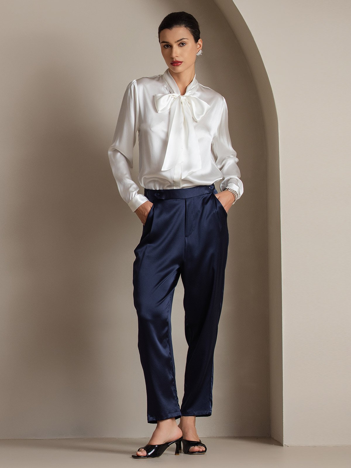 [White] SilkSilky 19Momme Silk Long Sleeve Tie Neck Women's Shirt 007
