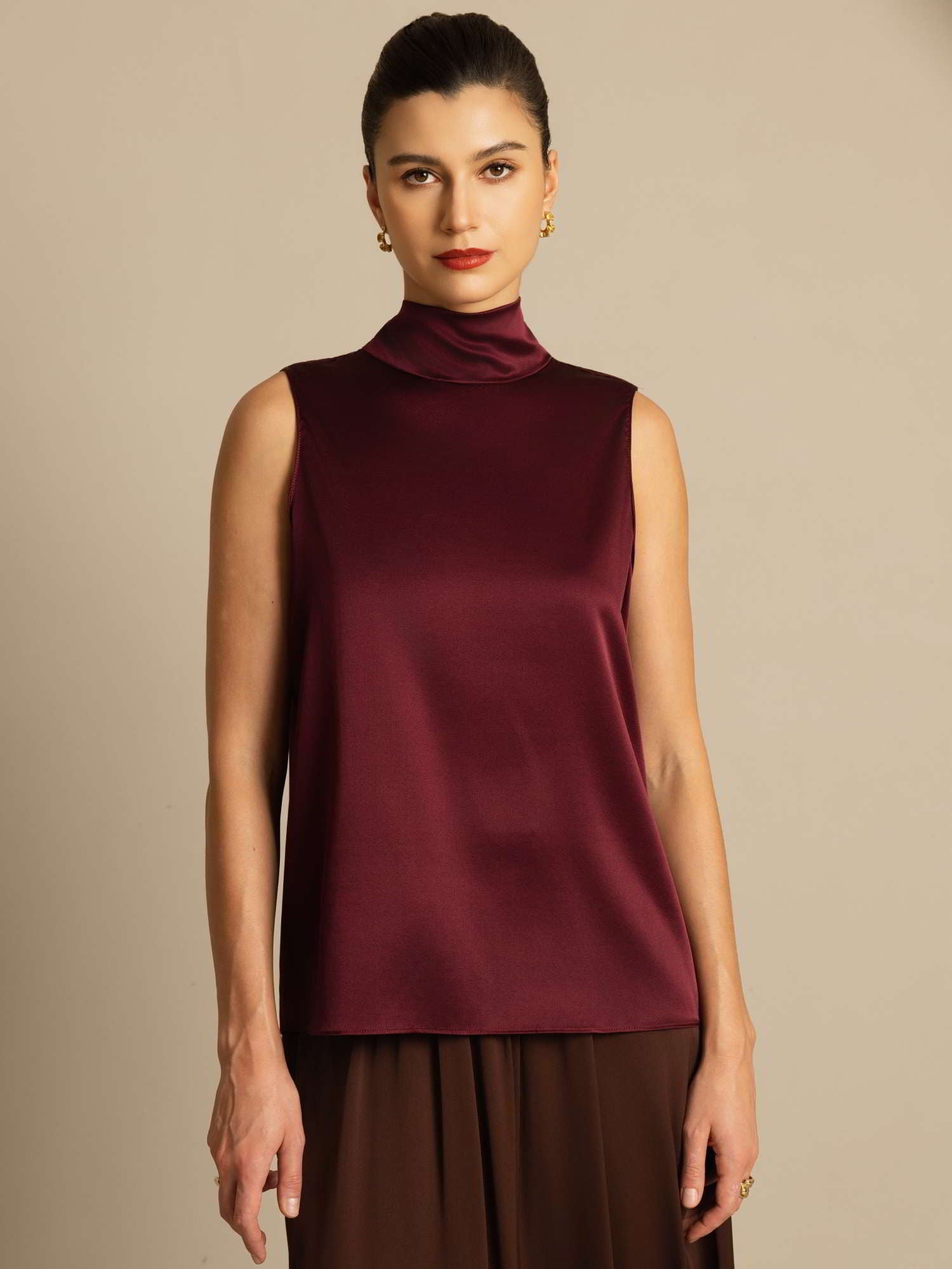 [Dark Red] SilkSilky  19Momme Silk Sleeveless Tie Neck Blouse 006