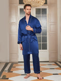 SilkSilky US Pure Silk 3/4 Sleeve Deep V Neck Men's Robe DarkBlue 006