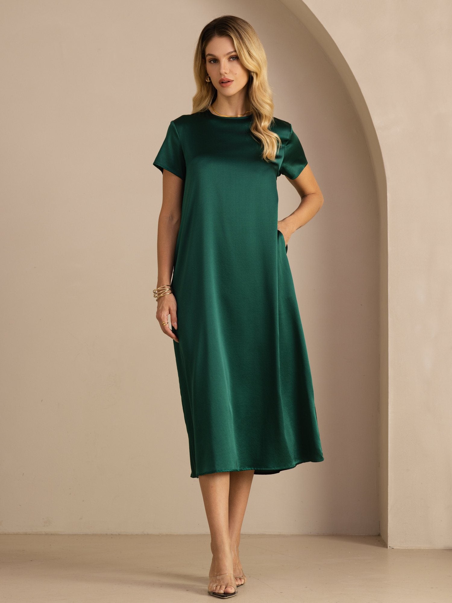 [Dark Green] SilkSilky Short Sleeve Round Neck Dress 001