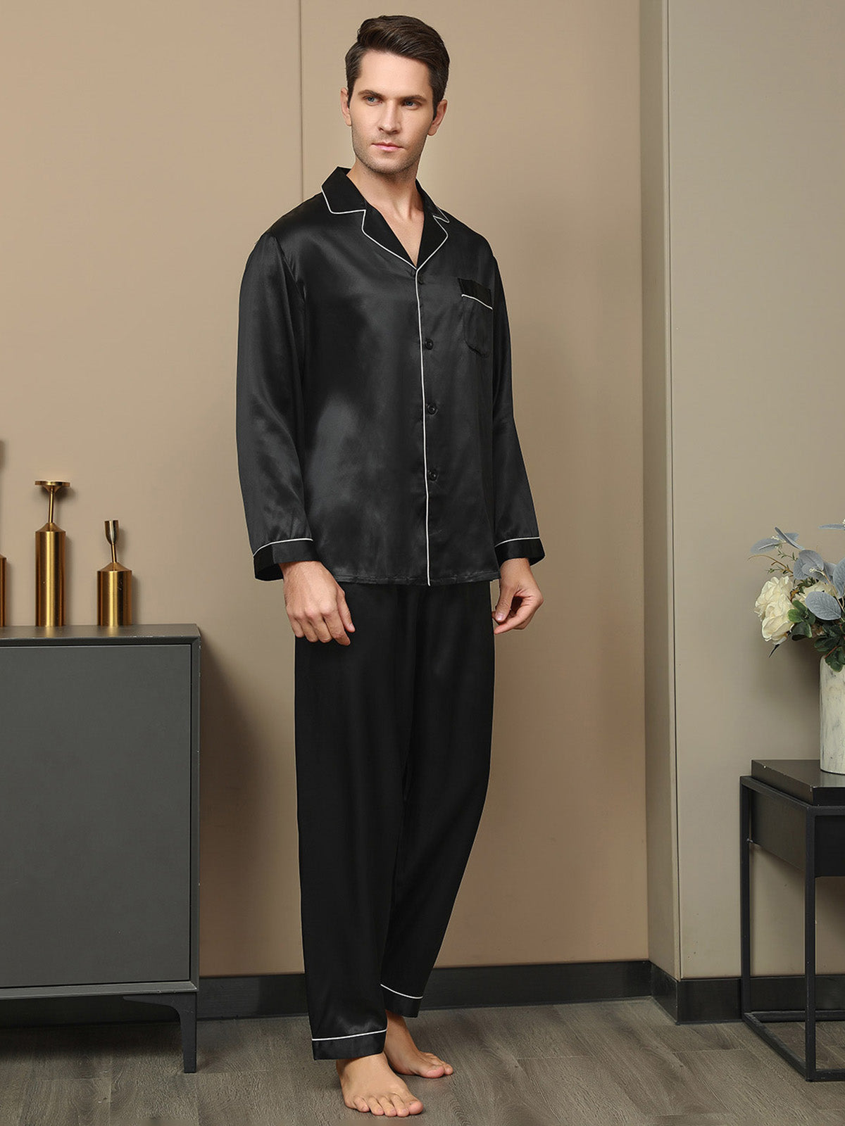 SilkSilky US 19Momme Pure Silk Long Sleeve Lapel Men's Pajamas Black 003