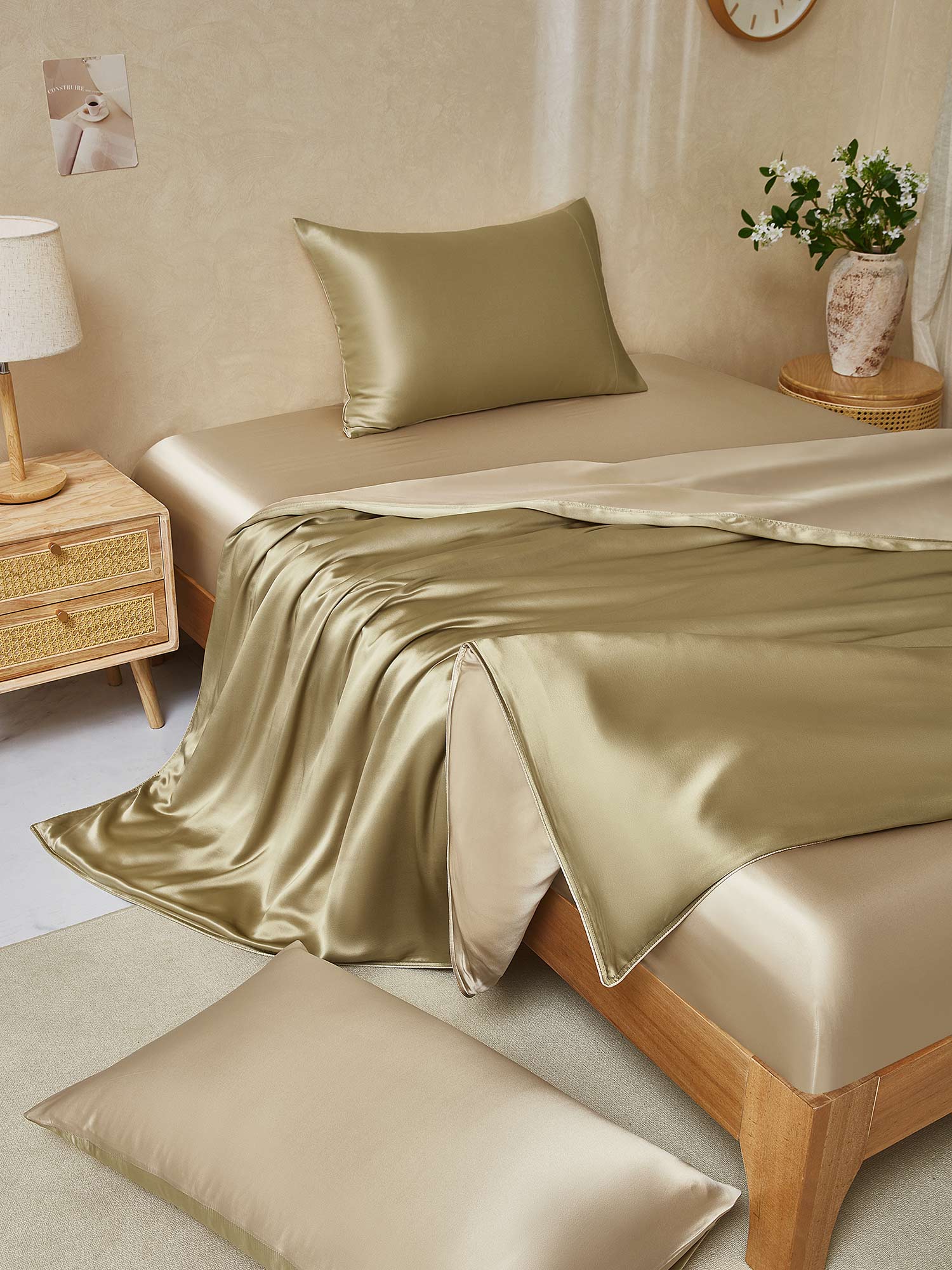 [Beige+Khaki] SilkSilky  19Momme Pure Silk Bedding Set 001,