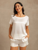 [White] SilkSilky  Short Sleeve Round Neck Women's Pajamas 001