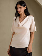 [Beige] SilkSilky  Short Sleeve Cowl Neck Women's Blouse 001