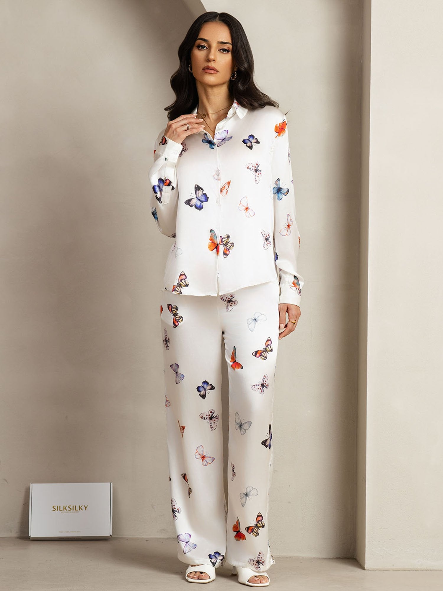 [WhiteButterfly] SilkSilky 19Momme Silk Lapel Collar Women''s Outfit Sets 001