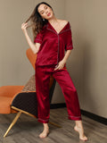 SilkSilky US Pure Silk Short Sleeve Lapel Women's Pajamas Wine 006