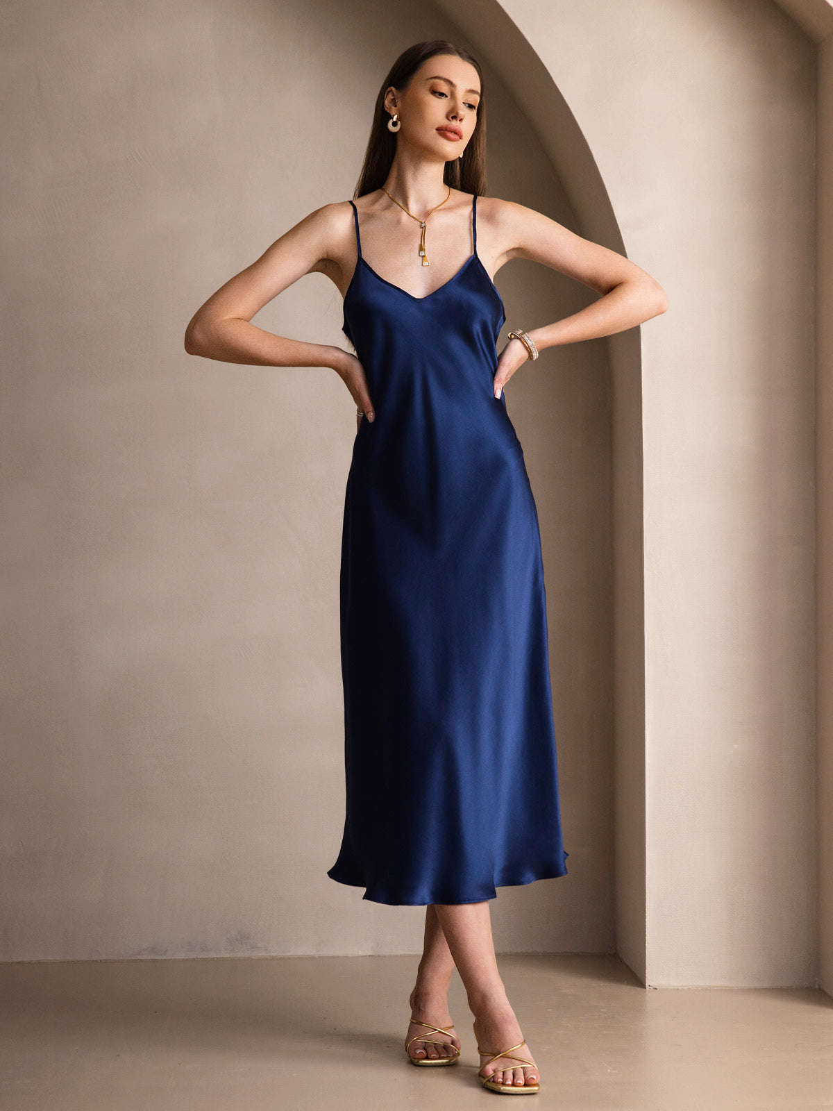 [Dark Blue] SilkSilky  Pure Silk Round Neck Dress 006
